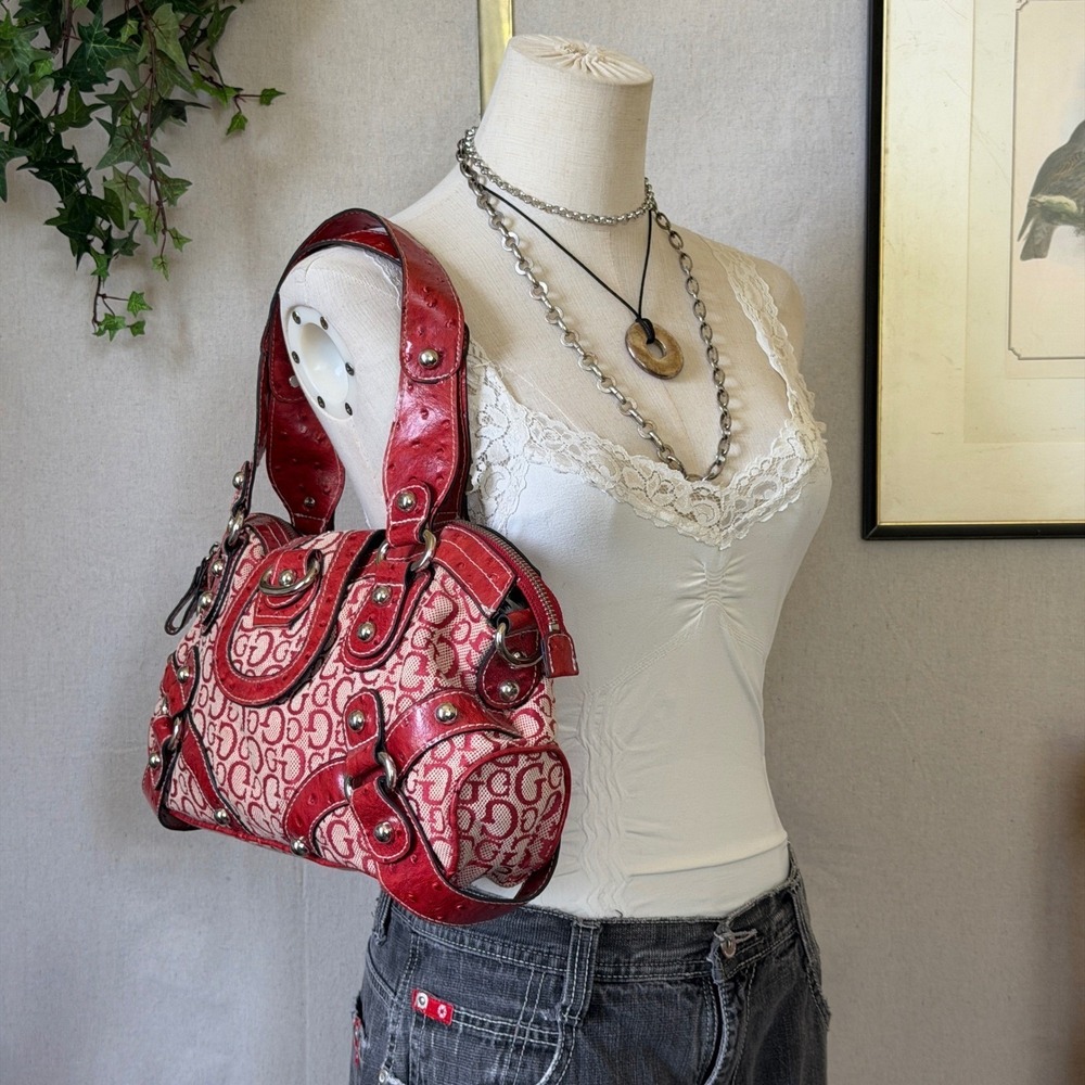 Guess Red Monogram Satchel Bag Faux Ostrich Trim Y2K Leopard Print Interior RARE